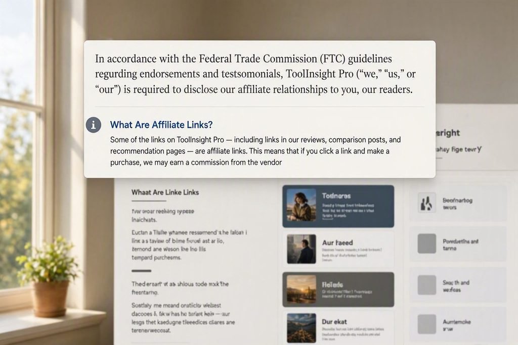 ToolInsight Pro's affiliate disclosure, explaining how we earn commissions from product links and how it affects our reviews.