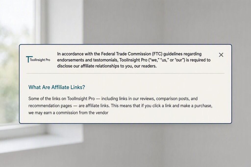 ToolInsight Pro's affiliate disclosure, explaining how we earn commissions from product links and how it affects our reviews.