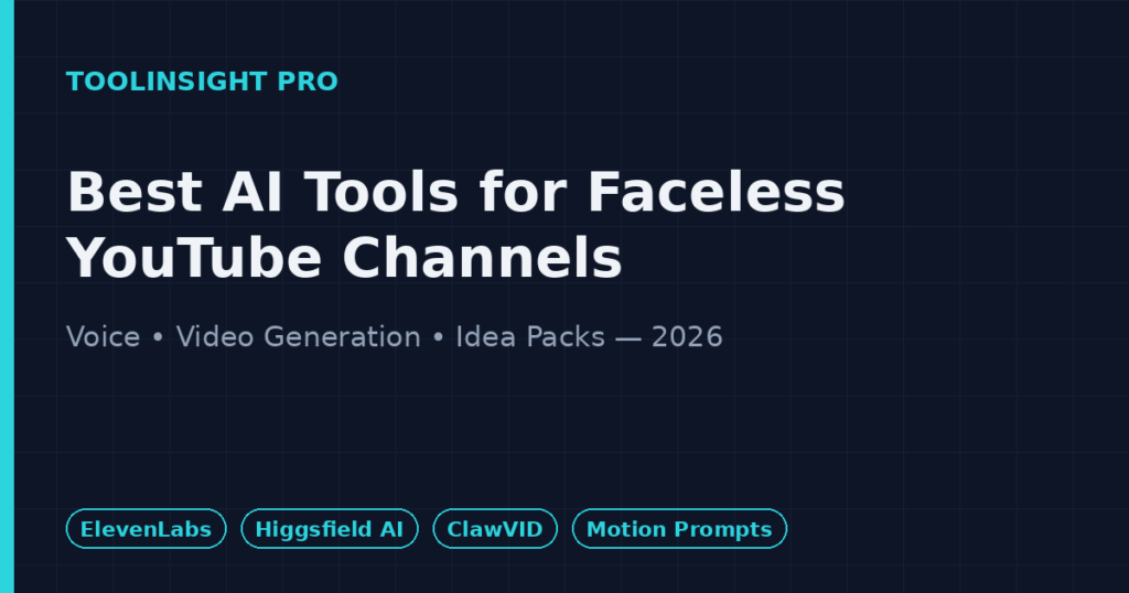 Best AI tools for faceless YouTube channels 2026 - ElevenLabs, Higgsfield AI, ClawVID, Motion Prompts