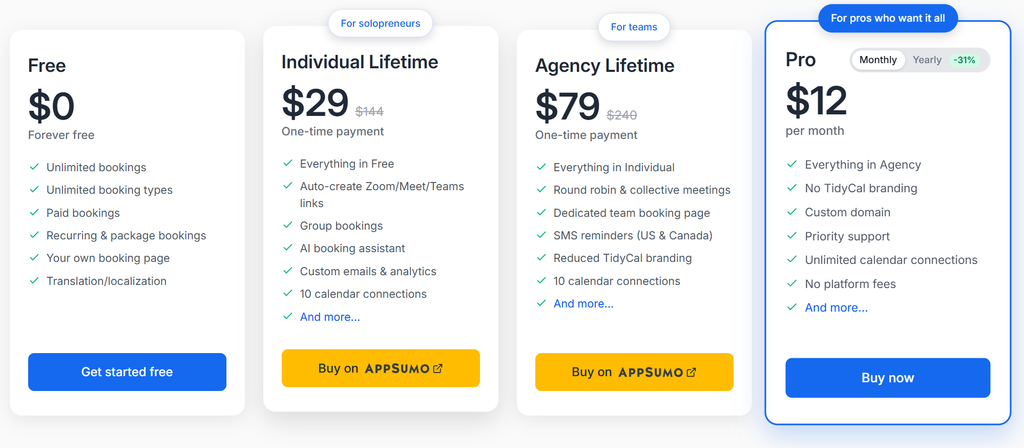 TidyCal pricing plans showing Free, Individual Lifetime $29, Agency Lifetime $79 and Pro $12 per month