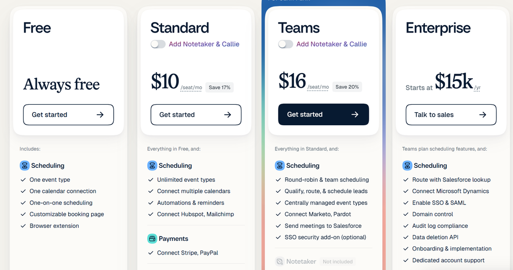 Calendly pricing showing Free, Standard $10 per seat, Teams $16 per seat and Enterprise from $15k per year