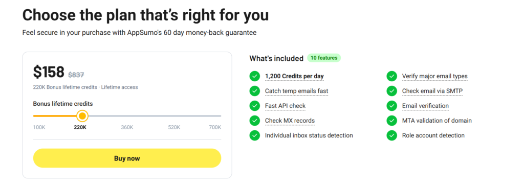 Reoon Email Verifier $158 tier on AppSumo with 1,200 credits per day and 220K bonus lifetime credits