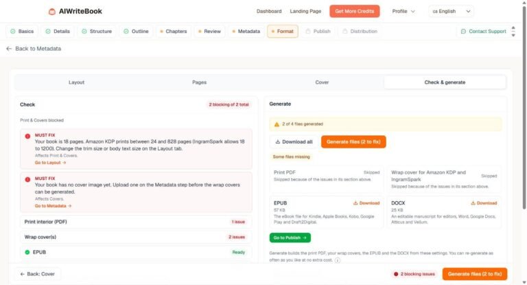 AIWriteBook KDP preflight check on a generated manuscript