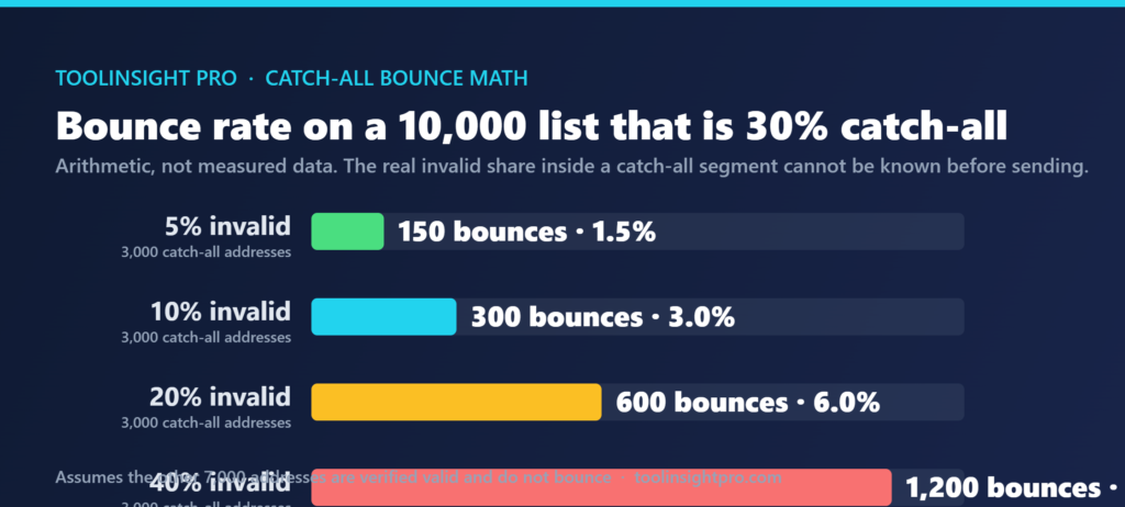 Chart showing bounce totals on a 10,000 address list that is 30 per cent catch-all, producing 150, 300, 600 and 1,200 bounces at assumed invalid shares of 5, 10, 20 and 40 per cent, equal to bounce rates of 1.5 to 12 per cent