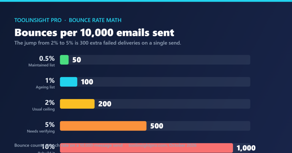 Bar chart of bounces per 10,000 emails sent at bounce rates of 0.5, 1, 2, 5 and 10 per cent, showing 50, 100, 200, 500 and 1,000 bounces respectively with 2 per cent marked as the usual ceiling