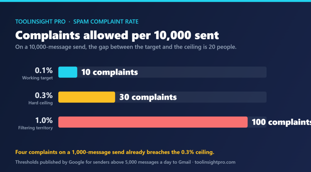 Bar chart showing 10 complaints per 10,000 messages at 0.1 per cent, 30 at 0.3 per cent and 100 at 1 per cent, with 0.3 per cent marked as the ceiling and 0.1 per cent as the working target