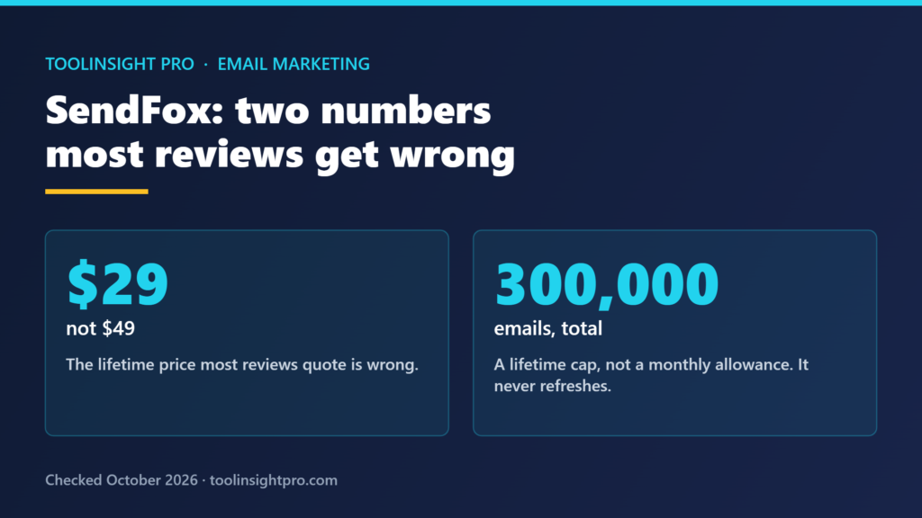 Card showing two SendFox facts: the lifetime price is $29 not the $49 most reviews quote, and the 300,000-email allowance is a lifetime total that never refreshes