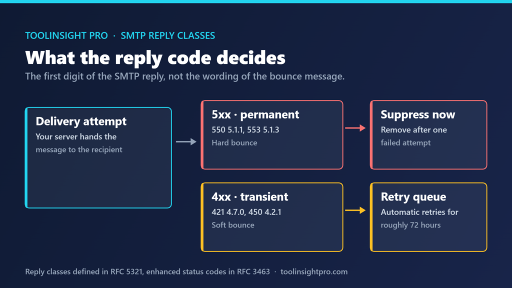 Diagram showing an SMTP 5xx permanent failure sending an address straight to suppression while a 4xx temporary failure enters a retry queue for up to 72 hours