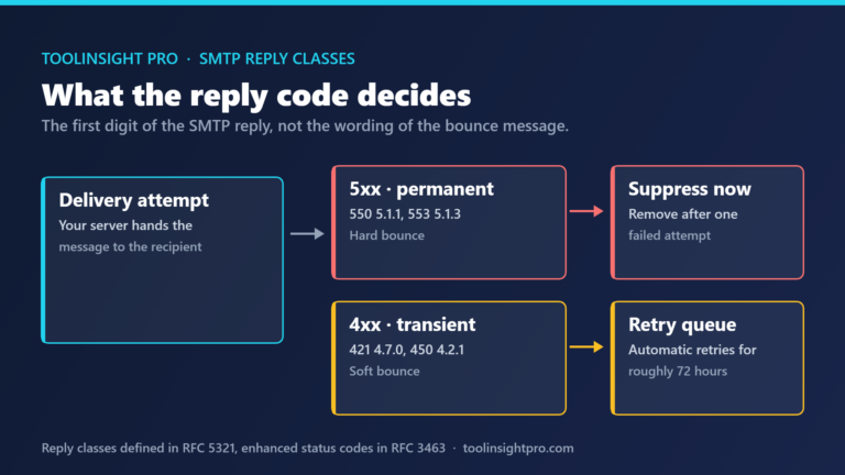 Diagram showing an SMTP 5xx permanent failure sending an address straight to suppression while a 4xx temporary failure enters a retry queue for up to 72 hours