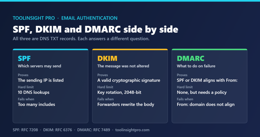 Three-column comparison card showing SPF proving which servers may send with a ten DNS lookup limit, DKIM proving the message was not altered using a cryptographic signature, and DMARC deciding what happens when SPF or DKIM fails to align with the From domain